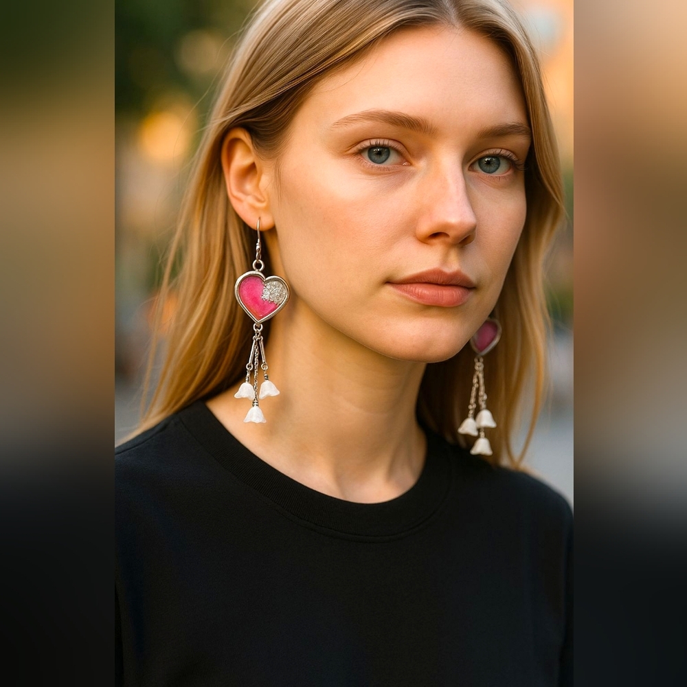 Handcrafted Heart-Shaped Bezeled Pink and Silver Flaked Earrings - Picture 6 of 6
